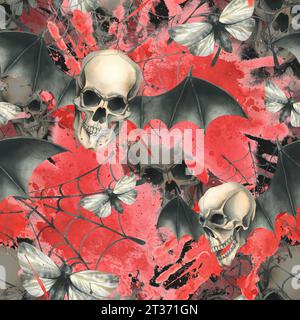 Crânes humains avec ailes de chauve-souris noires, taches et éclaboussures de sang et mites nocturnes. Illustration à l'aquarelle dessinée à la main. Motif sans couture sur un sombre Banque D'Images