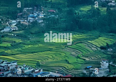 Vue sur la ville de Dong Van et les rizières en terrasses, Dong Van, Ha Giang, Vietnam Banque D'Images