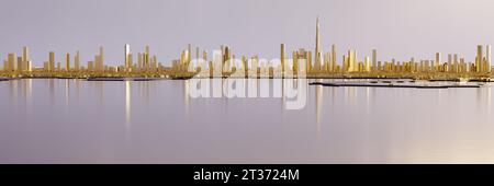 Panorama grand angle du centre-ville de Dubaï avec Burj Khalifa. Ville miniature basse-poly. Tous les bâtiments sont en or. Concept de marché de l'or et réel esta Banque D'Images