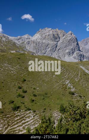 Val Mora, escarpement près de Doess Radond avec Piz Murtaroel, Tschierv dans le Val Muestair, Grisons, Suisse Banque D'Images