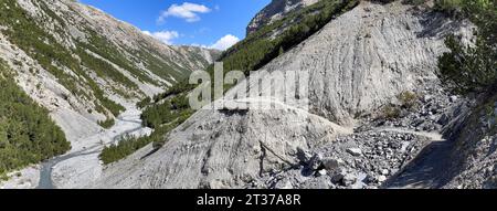 Torrent et chemin de gravier, AUA da Val Mora, Muenstertal, Engadin, Graubuenden, Suisse Banque D'Images