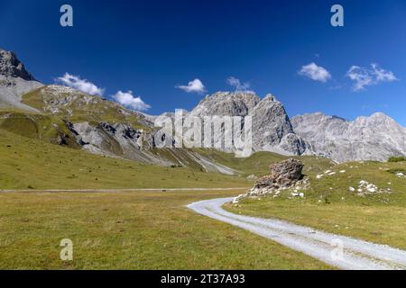 Val Mora près de Doess Radond, en arrière-plan Piz Murtaroel et Piz Pala Gronda, Tschierv dans le Val Muestair, Grisons, Suisse Banque D'Images