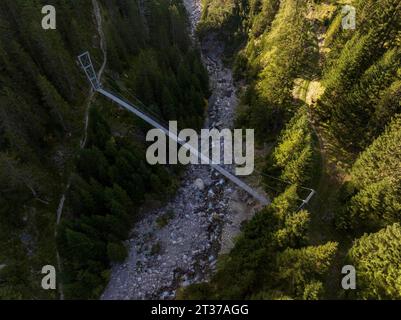 Pont suspendu Aclas d'Alvagni, tir de drone, Alp Aclas Dafora, Alvaneu, Grisons, Suisse Banque D'Images