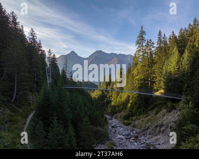 Pont suspendu Aclas d'Alvagni, tir de drone, Alp Aclas Dafora, Alvaneu, Grisons, Suisse Banque D'Images