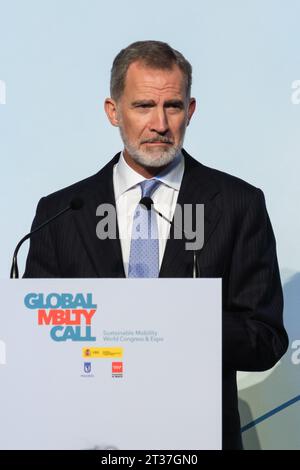 Madrid, Espagne. 23 octobre 2023. Le Roi Felipe VI préside le dîner d'ouverture de la 2e édition de l'appel à la mobilité mondiale à la Real Casa de Correos, le 23 octobre 2023 à Madrid, Espagne. (Photo Oscar Gonzalez/Sipa USA) crédit : SIPA USA/Alamy Live News Banque D'Images