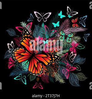 Abstraction avec papillons et feuilles de palmier. dessin à la main. Pas IA, Illustrat3. Sur fond noir. Illustration vectorielle Illustration de Vecteur
