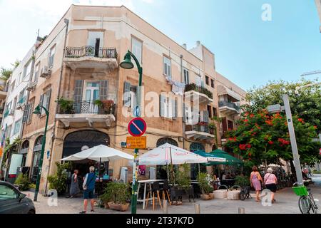 Jaffa, Israël - 5 octobre 2023 : vue depuis les rues historiques de Jaffa, une ancienne ville portuaire Levantine fondée par les Cananéens qui en fait maintenant partie Banque D'Images