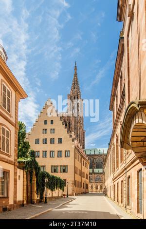 La majestueuse cathédrale notre-Dame de Strasbourg est vue depuis la rue du Rohan, flanquée de maisons traditionnelles alsaciennes des deux côtés Banque D'Images