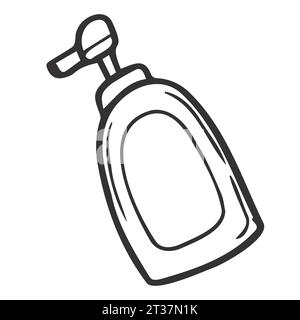 un croquis de distributeur de savon, bouteille cosmétique blanche. Trait noir, trait simple. Illustration de Vecteur