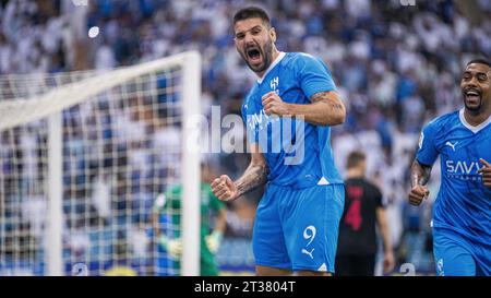 Aleksandar Mitrovic d'Al Hilal SFC célèbre après avoir marqué le troisième but de son Hat-trick lors de Al Hilal SFC (KSA) vs Mumbai City (IND) lors de leur match jour 3 de la Ligue des champions 2023-24 Groupe D de l'AFC au King Fahd International Stadium le 23 octobre 2023 à Riyad, Arabie Saoudite. Photo de Victor Fraile / Power Sport Images Banque D'Images