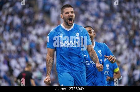 Aleksandar Mitrovic d'Al Hilal SFC célèbre après avoir marqué le troisième but de son Hat-trick lors de Al Hilal SFC (KSA) vs Mumbai City (IND) lors de leur match jour 3 de la Ligue des champions 2023-24 Groupe D de l'AFC au King Fahd International Stadium le 23 octobre 2023 à Riyad, Arabie Saoudite. Photo de Victor Fraile / Power Sport Images Banque D'Images