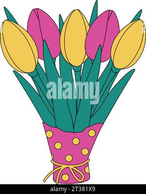 Bouquet de tulipes coloré de printemps dans du papier d'emballage dans des tons lumineux à la mode. Autocollant. Icône. isoler. EPS. Illustration vectorielle pour affiche, bannière, brochure, voeux ou cartes, étiquette de prix, etiquette ou bande Illustration de Vecteur