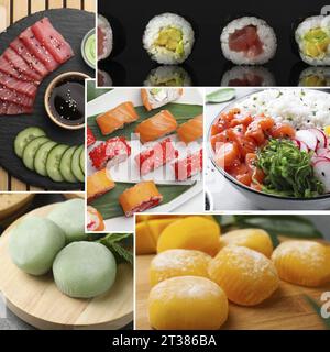 Différents plats asiatiques savoureux. Collage avec rouleaux de sushi, mochi et autres Banque D'Images