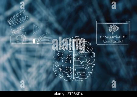 Cerveau humain créant des vidéos photos et des livres et micro-puce cerveau créant du contenu d'IA générative, l'intelligence artificielle et l'apprentissage profond conceptuel Banque D'Images