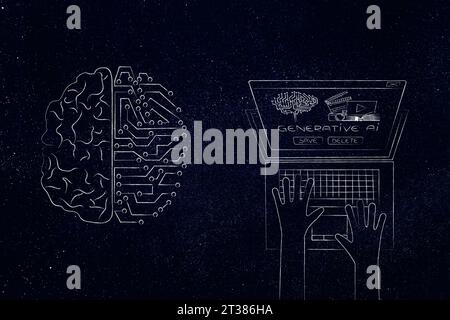 Intelligence artificielle et illustration conceptuelle d'apprentissage profond, moitié cerveau humain moitié robot à côté d'un ordinateur portable avec message pop-up ai génératif Banque D'Images