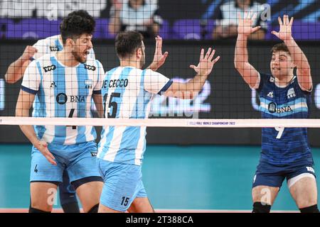 Santiago Danni, Luciano de Cecco, Joaquin Gallego (Argentine). Championnat du monde de volleyball 2022. Banque D'Images