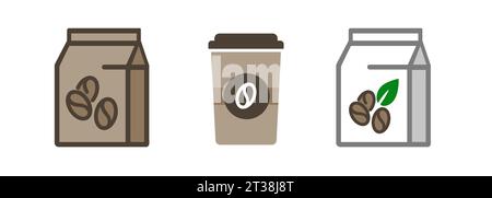 Symbole de l'icône de grain de café torréfié dans une pochette de papier marron symbole à emporter icône Illustration de Vecteur