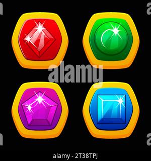 Pierres précieuses de jeu, bijoux magiques, gemmes précieuses royales. Trophée GUI de dessin animé fantastique, ensemble isolé Illustration de Vecteur