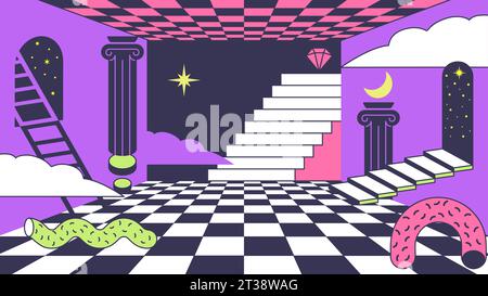Arrière-plan surréaliste. Chambre trippy avec sol à carreaux, escaliers abstraits et portes de portail psychédélique. Illustration de vecteur d'espace liminal surréaliste Illustration de Vecteur