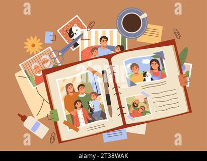 Album photo de famille. Scrapbook de souvenirs heureux, souvenirs des moments photos des enfants et des parents illustration vectorielle de dessin animé de la vie Illustration de Vecteur