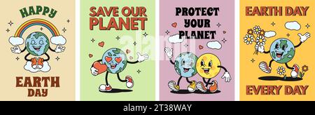 Affiches de la planète Terre de dessin animé. Autocollant Happy Earth Day, enregistrez notre dépliant planète avec un ensemble d'illustrations vectorielles de personnages mascotte rétro globe Illustration de Vecteur