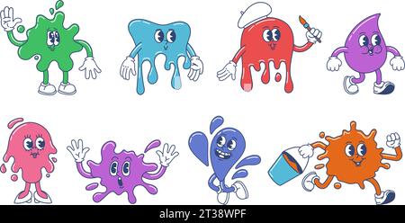 Mascotte d'éclaboussures de peinture Couleur des caractères de tache blob, tache d'encre tache tache et jeu d'illustrations vectorielles de goutte de peinture Illustration de Vecteur