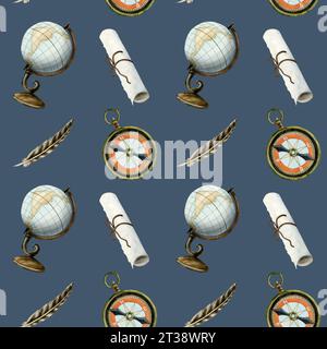 Globe bleu marine, boussole, papier défilement plume aquarelle modèle sans couture pour des conceptions d'aventure, de vacances et de géographie. Banque D'Images