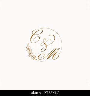 Initiales cm logo monogramme de mariage avec des feuilles et élégant graphique vectoriel de lignes circulaires Illustration de Vecteur