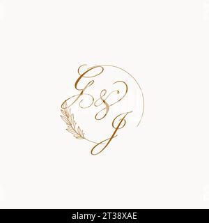 Initiales GJ logo de monogramme de mariage avec des feuilles et élégant graphique vectoriel de lignes circulaires Illustration de Vecteur