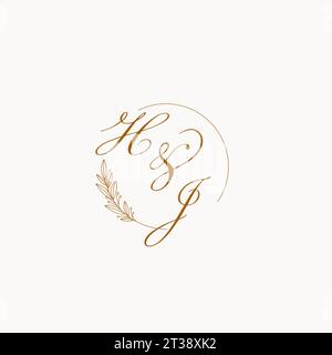 Initiales HJ logo de monogramme de mariage avec des feuilles et élégant graphique vectoriel de lignes circulaires Illustration de Vecteur