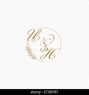 Initiales UH logo de monogramme de mariage avec des feuilles et élégant graphique vectoriel de lignes circulaires Illustration de Vecteur