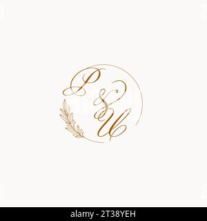 Initiales pu logo monogramme de mariage avec feuilles et élégant graphique vectoriel de lignes circulaires Illustration de Vecteur