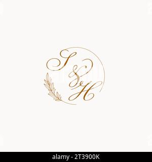 Initiales SH mariage monogramme logo avec des feuilles et élégant graphique vectoriel de lignes circulaires Illustration de Vecteur