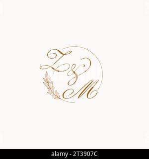 Initiales ZM logo de monogramme de mariage avec des feuilles et élégant graphique vectoriel de lignes circulaires Illustration de Vecteur