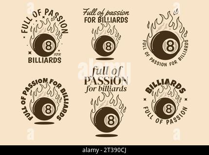 Plein de passion pour le billard. Illustration vintage de huit boules avec flamme de feu, en couleur jaune Illustration de Vecteur