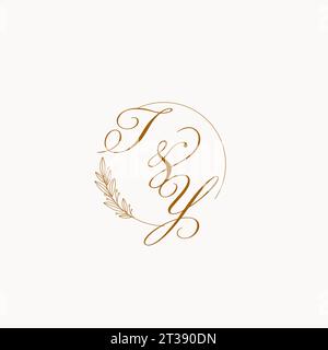 Initiales TY logo de monogramme de mariage avec des feuilles et élégant graphique vectoriel de lignes circulaires Illustration de Vecteur