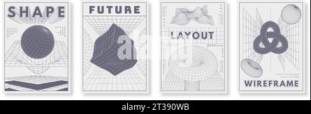 Affiches Wireframe abstraites. Mise en page futuriste avec des formes géométriques 3D, vecteur d'arrière-plans à grille basse filaire poly avec des tracés modifiables. Malade Illustration de Vecteur