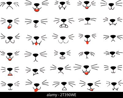 Bouches de chat de dessin animé. Moustaches d'animaux, nez mignon d'animal de compagnie et visage de chaton. Expressions faciales de chats éléments vectoriels ensemble d'illustration d'animaux de compagnie Illustration de Vecteur
