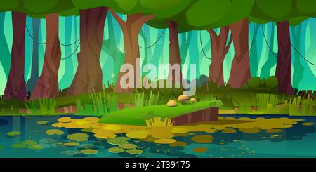 Fond de paysage de marais de forêt pour le jeu de fantaisie. Scène de jungle d'été avec l'eau du lac et beau paysage d'environnement de parc naturel. Zone humide sauvage caduque et silhouette d'arbre design panoramique Illustration de Vecteur