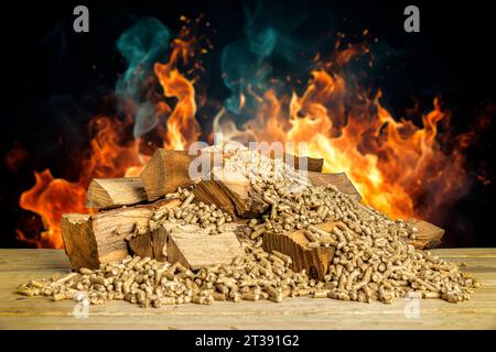 granulés de bois avec des bûches de hêtre et des flammes en arrière-plan Banque D'Images