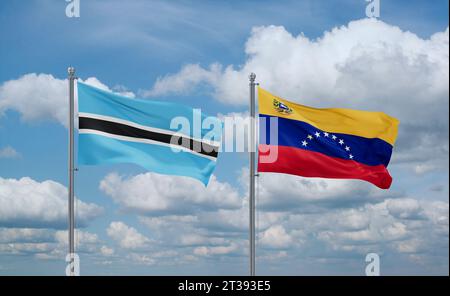 Drapeaux du Venezuela et du Botswana agitant ensemble dans le vent sur un ciel nuageux bleu Banque D'Images