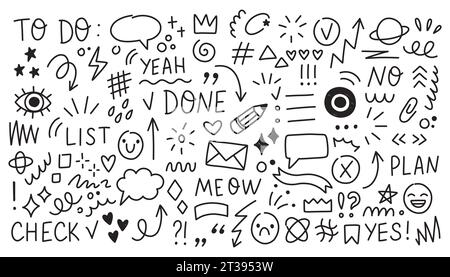 Ensemble d'éléments de ligne de stylo mignon Doodle. Doodle coeur, flèche, étoile, symbole de décoration étincelant icône ensemble. Ligne d'esquisse simple Illustration de Vecteur