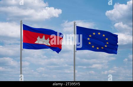 Drapeaux de l'Union européenne et du Cambodge agitant ensemble dans le vent sur ciel nuageux bleu, concept de relation Banque D'Images