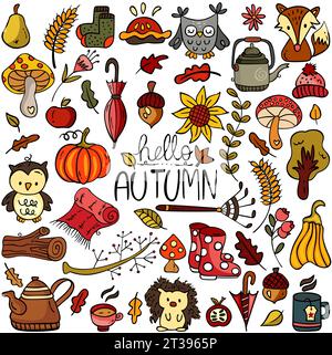 Ensemble d'éléments de doodle dessinés à la main sur l'automne Banque D'Images