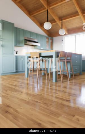 Intérieur de cuisine vert en bokeh avec un accent sur le plancher en bois. Banque D'Images