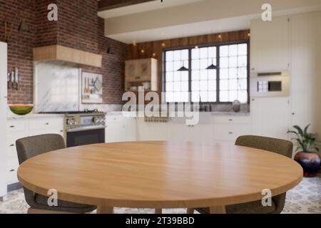 Cuisine avec un accent sur la surface de la table de cuisine avec un fond flou - un endroit pour placer les produits. Banque D'Images