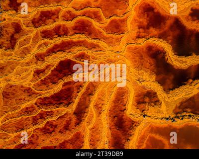 Une vue plongeante capture les motifs complexes d'un marais aux teintes orange éclatantes Banque D'Images