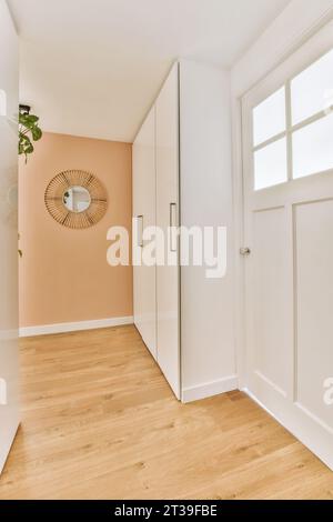 Couloir vide avec grande armoire blanche et miroir sur mur pêche avec porte fermée dans un appartement contemporain Banque D'Images