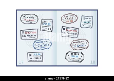 Beaucoup de timbres de passeport sur les pages de passeport. Concept de voyageur mondial. Timbres de visa international. Illustration de Vecteur