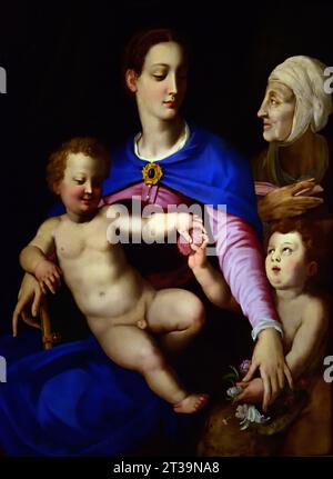 madonna col Bambino, San Giovannino e Santa Elisabetta - Madone et enfant, Saint Jean et Sainte Elizabeth 1560-70 Bronzino - Agnolo di Cosimo 1503-1572 Italien, Italie, Musée, ( collaborateur Alessandro Allori ? ) Banque D'Images